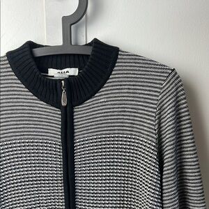 Alia Petite L Coastal Grandma Style Black White Striped Sweater Cardigan